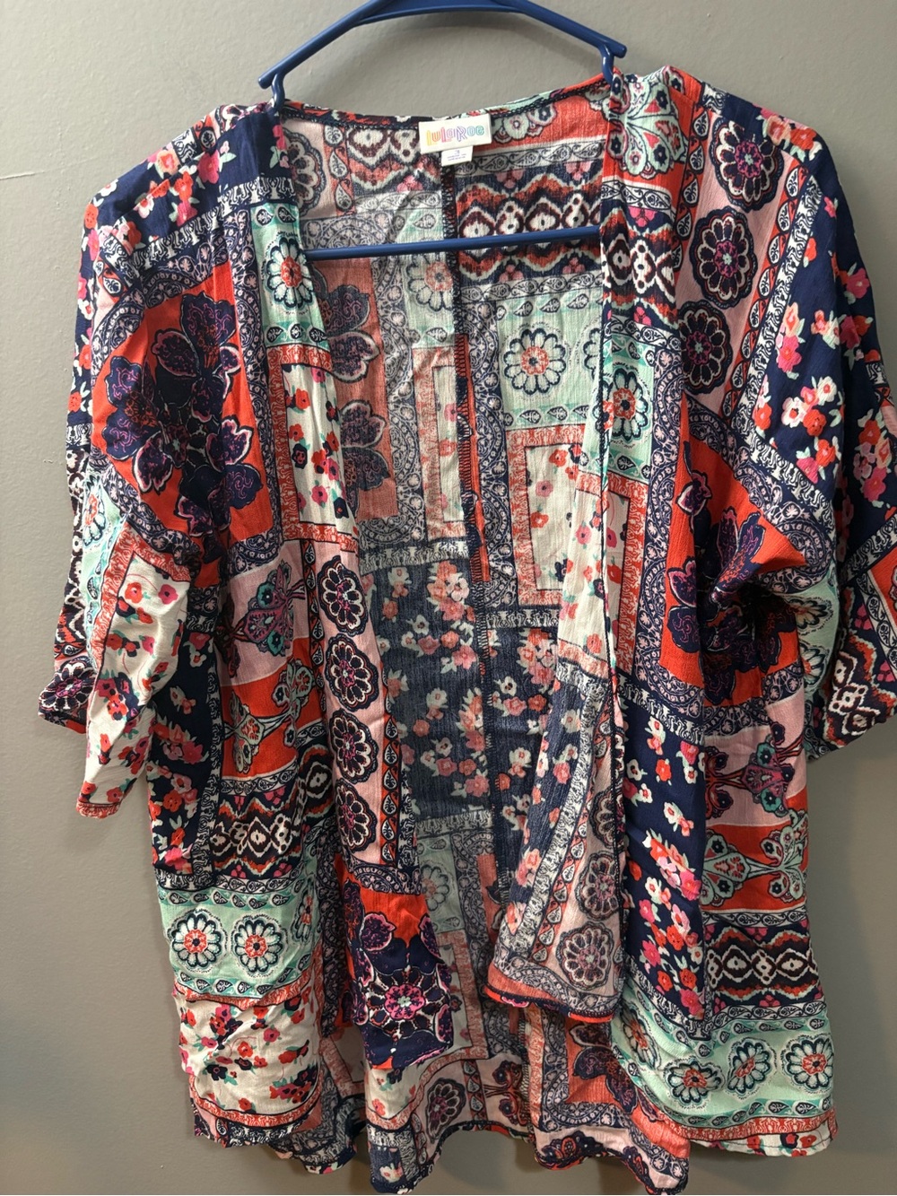 LuLaRoe Open-Front Patchwork Kimono blouse - Navy Coral Mint